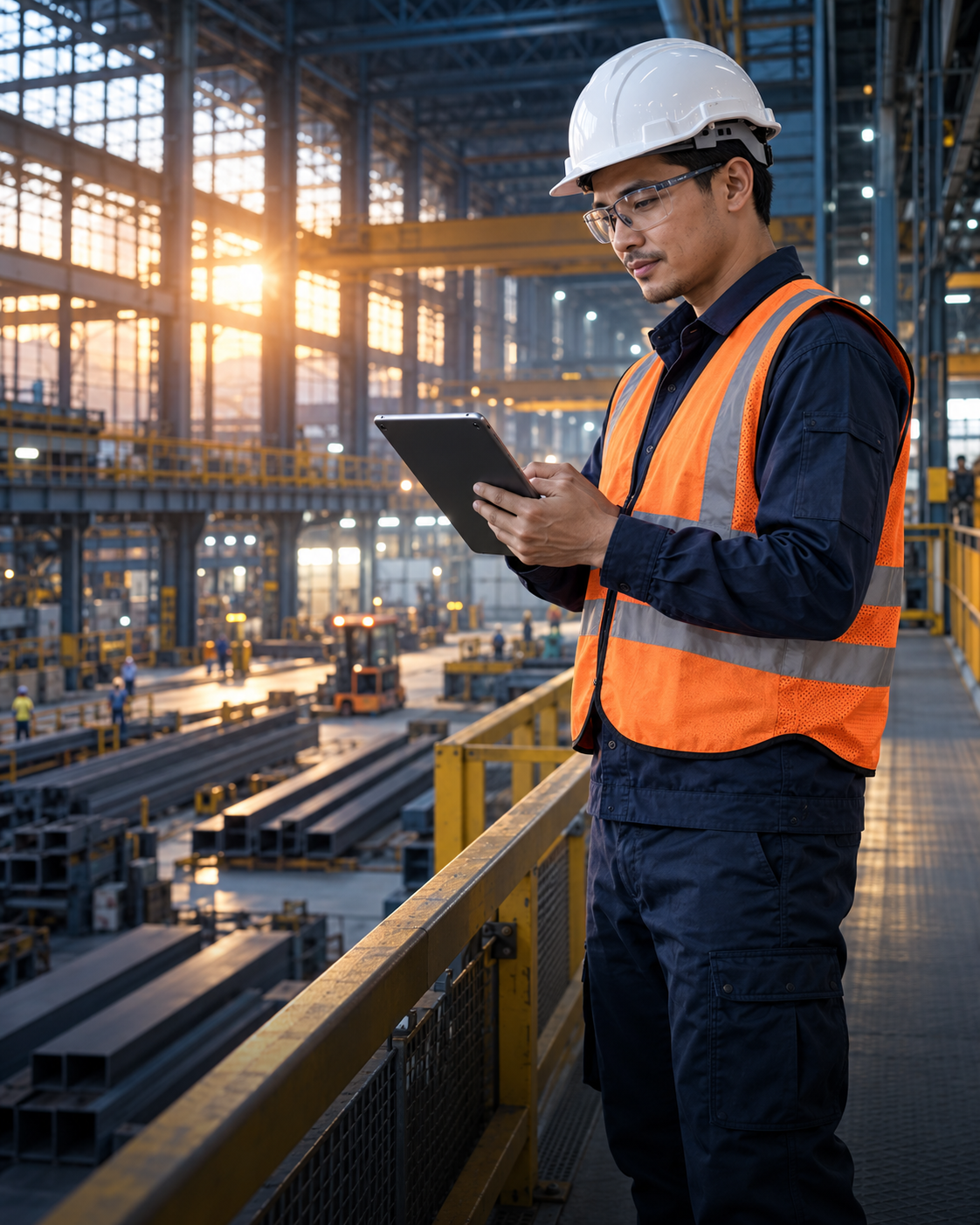 Illustrative industrial professional wearing a hard hat, safety glasses and reflective workwear