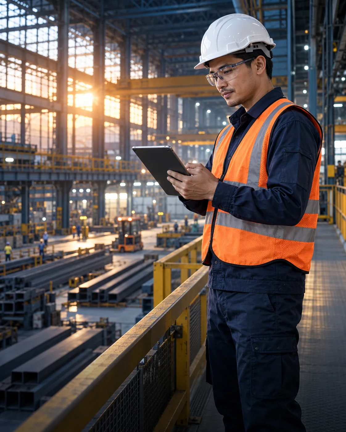 Illustrative industrial professional wearing a hard hat, safety glasses and reflective workwear