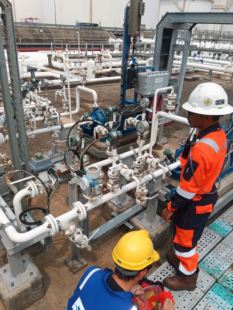 Team members and collaborators beside piping and equipment at an industrial site